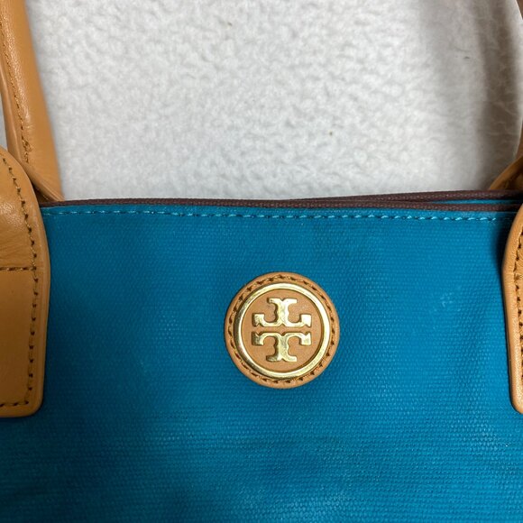 Tory Burch Jaden Bag Coconut Blue Brown Canvas Leather Shopping Tote Purse Women - Picture 4 of 12
